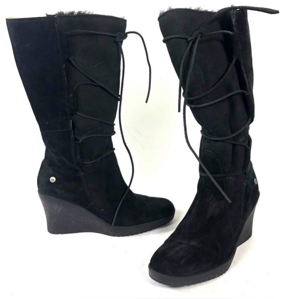 UGG Uggs Black Suede Lace-Up Elsey Wedge Boots
